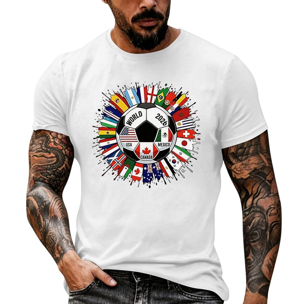 Men's Basic Crew Neck Short Sleeve T Shirt Loose Fit Casual Summer Top Soccer Ball and International Flags Graphic Print