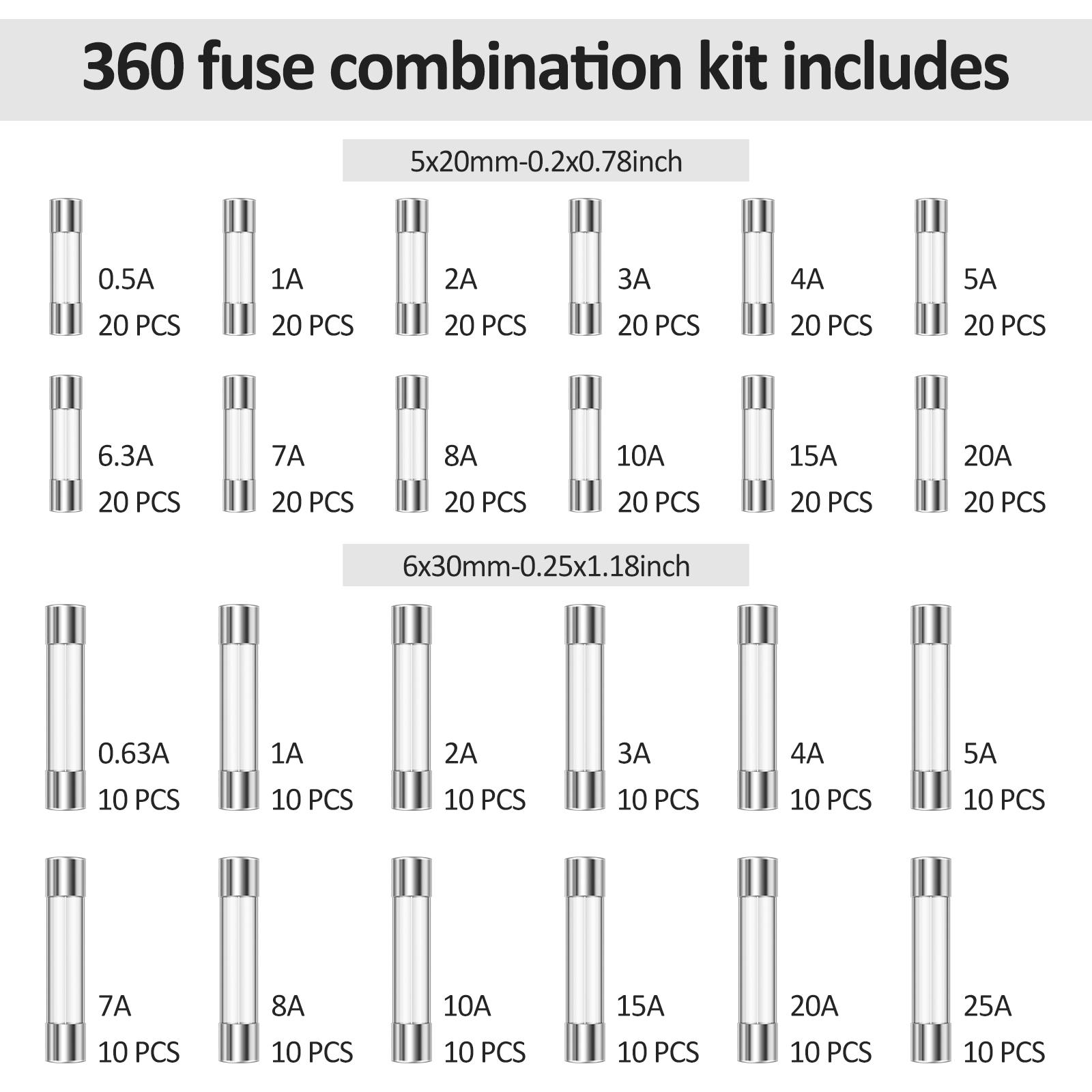 

Набір 360 шт. швидкоплавких скляних запобіжників, асортиментний набір 24 номінали, асортиментний набір автомобільних запобіжників, скляні трубчасті запобіжники 5x20 мм 6x30 мм для розетки живлення