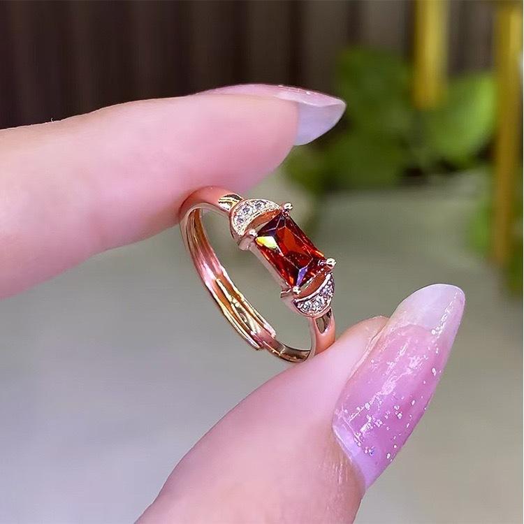 Rose Gold Open Ring For Women Red Zircon Simple Fashion Light Luxury Temperament Versatile Finger Ring adjustable open band