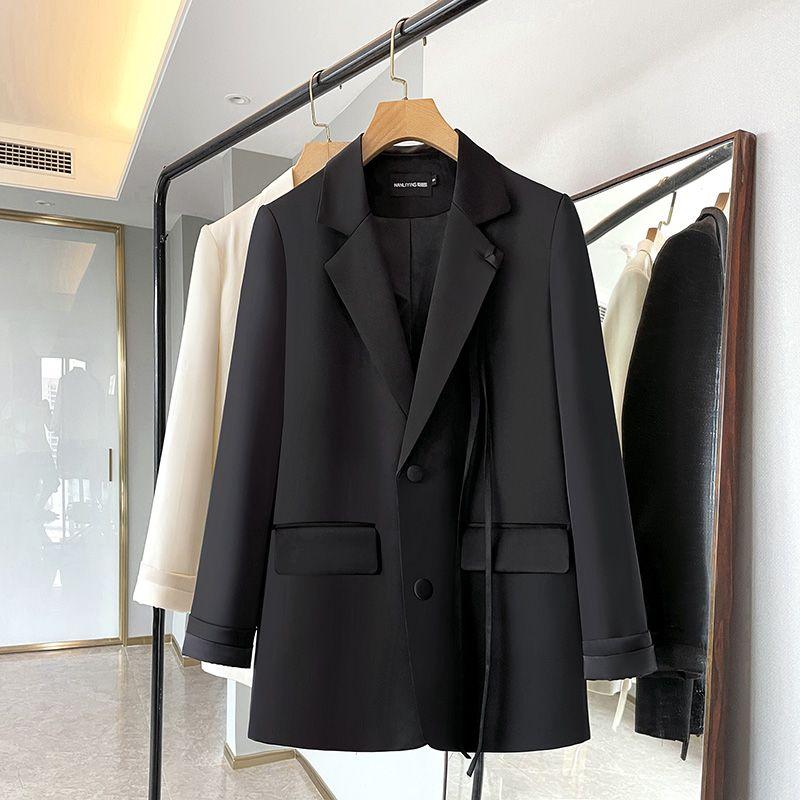 

Satin Suit Thin Long sleeve Summer Elegant Korean Style Small Suit Outerwear Women Casual Loose Breathable 2025 Spring and Summer Black S