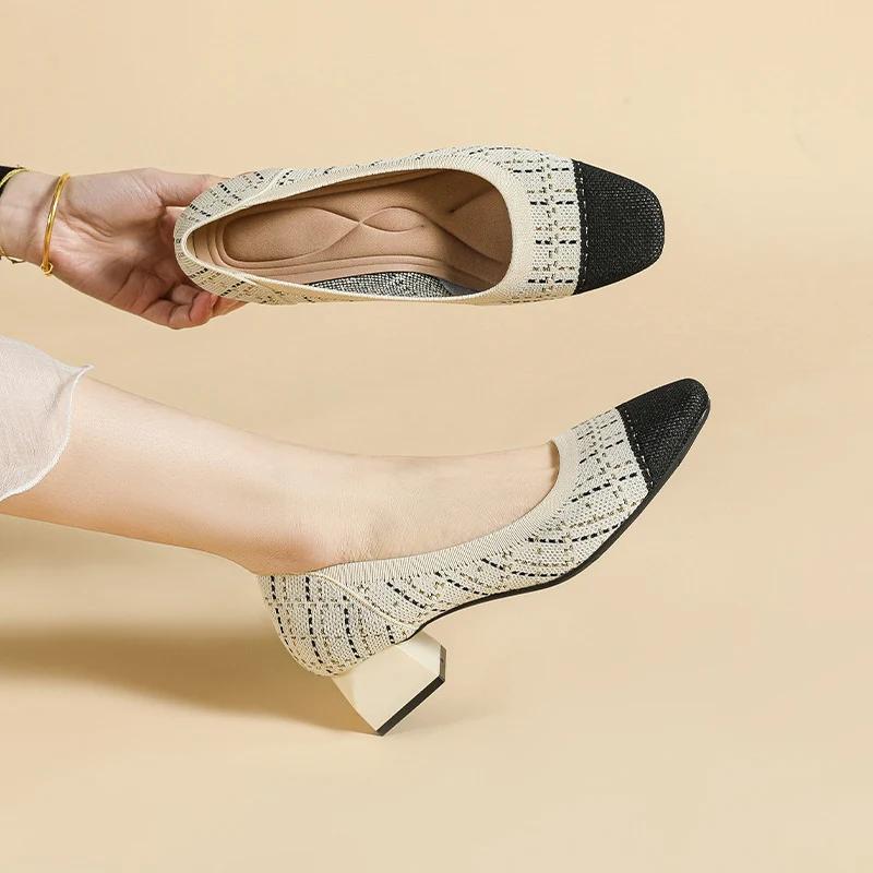 2024 Autumn Women High Heels Fashion Knitted Fabric Square Toe Thick Heel Shallow Mouth Shoes Breathable Anti-skid Ladies Pumps