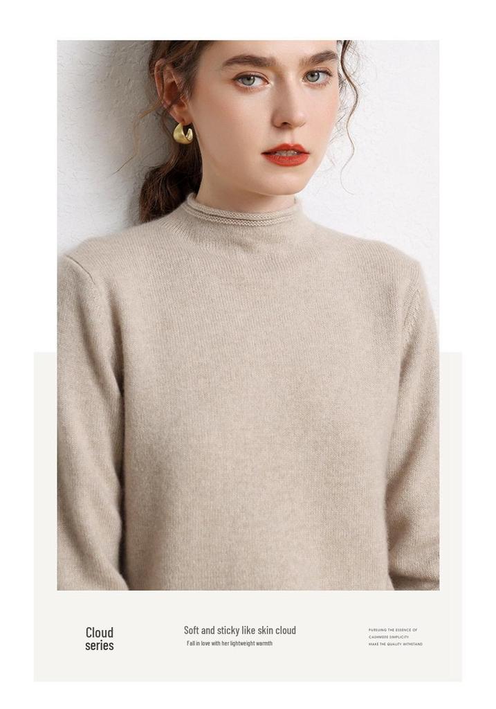Women’s Cashmere Half-High Roll-Neck Sweater: Thick, Loose, Long Sleeve Pullover for Autumn/Winter.