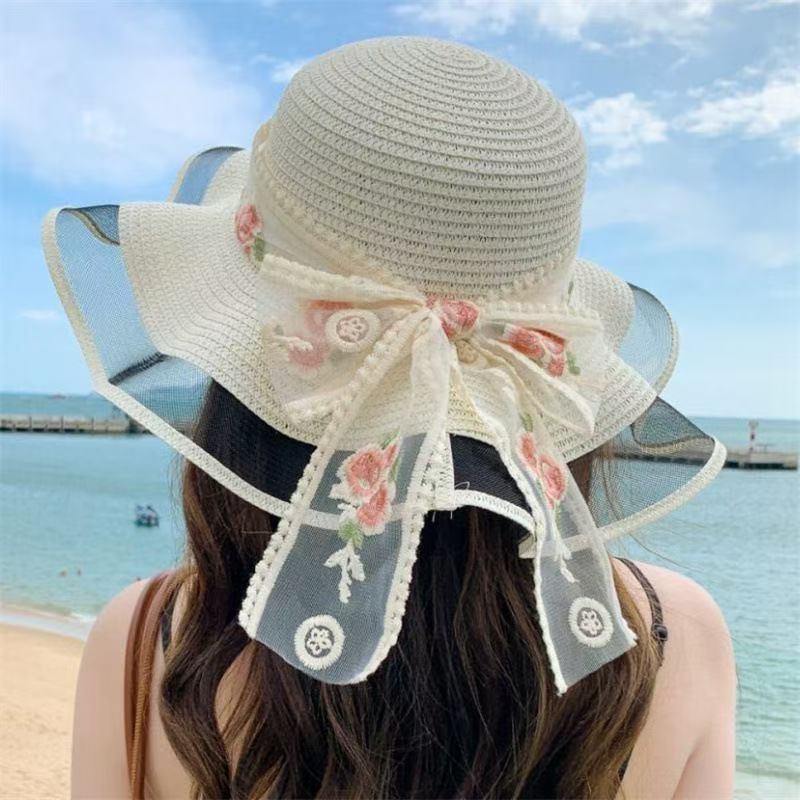New bow lace straw hat women's summer seaside beach vacation sun hat large brim sun protection hat