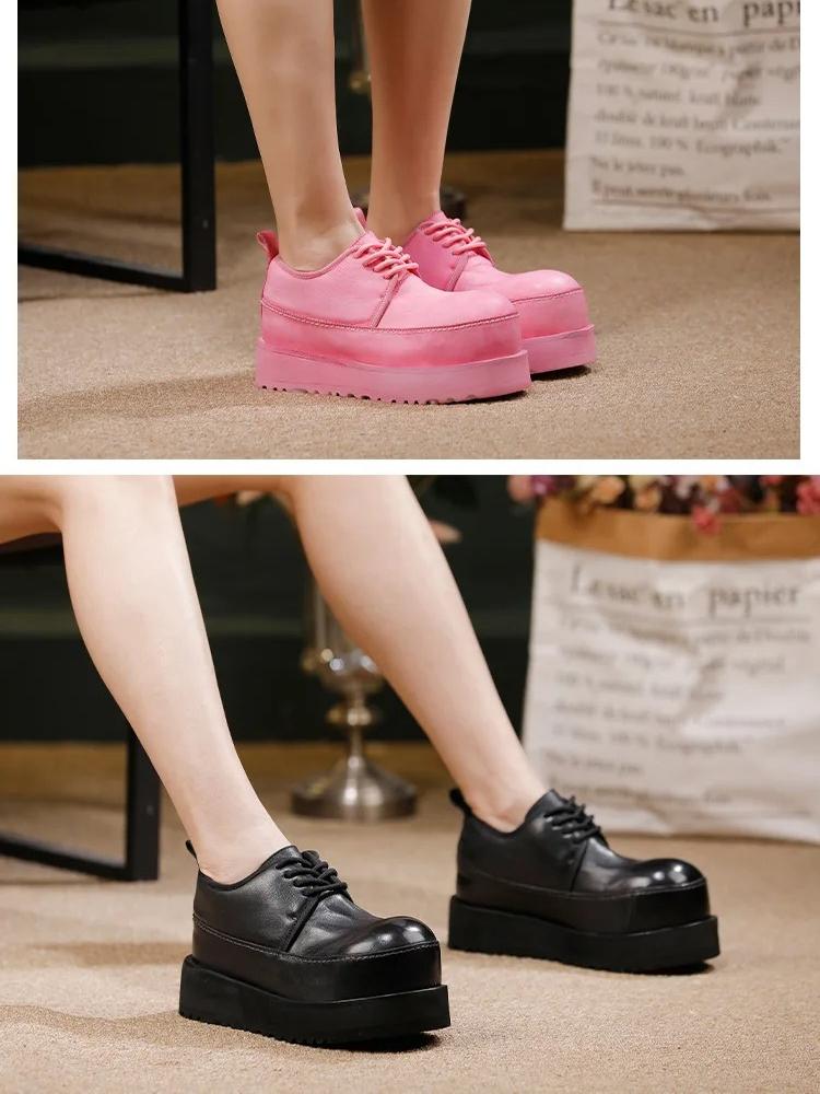 Johnature Höhensteigernde Dicksohlige Schuhe Schnürung Echtes Leder Bequeme Damen High Heel Pumps