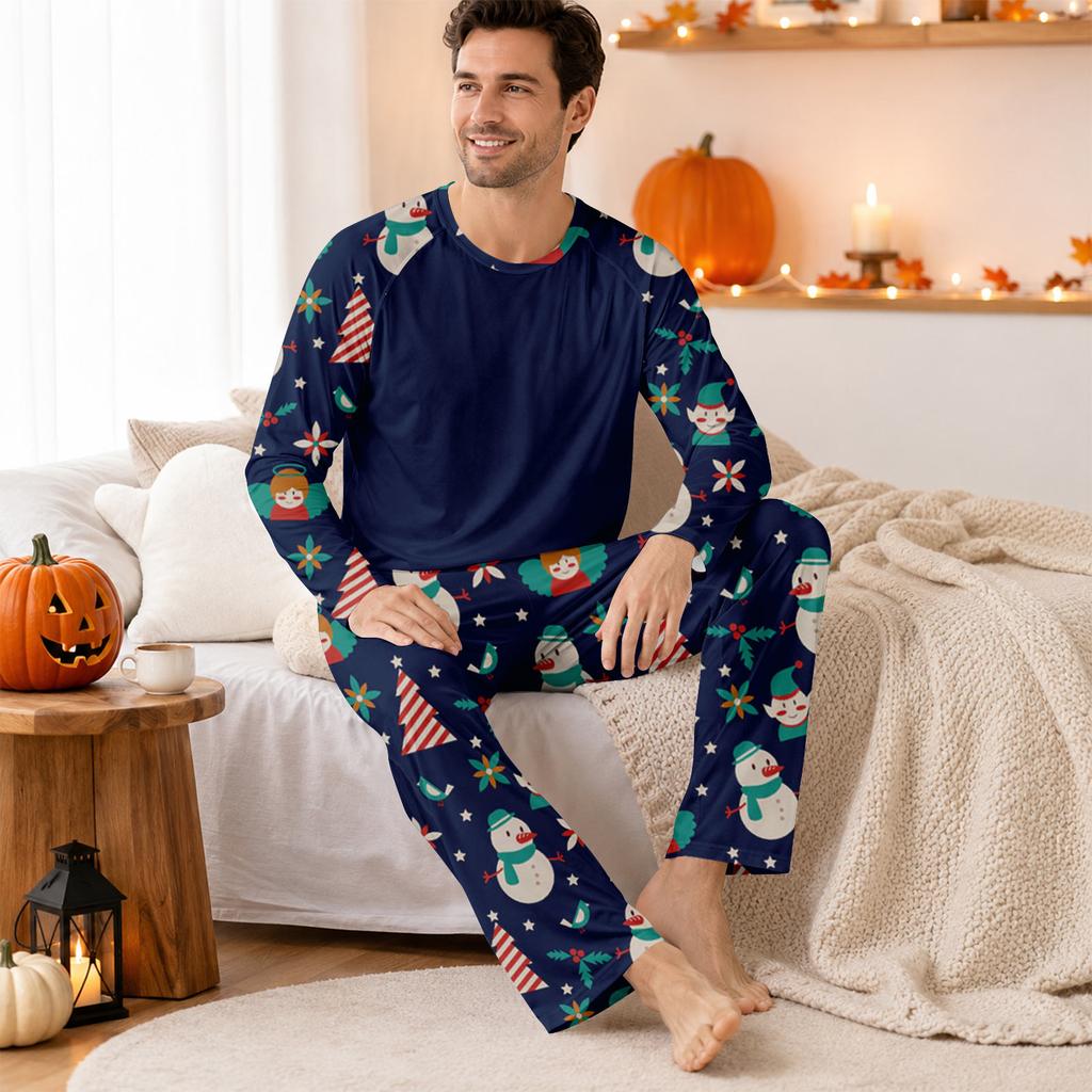 Erkek Yılbaşı -Bisiklet Yaka Uzun Kollu Üst ve Pantolon Pijama Takımı Günlük ve Rahat