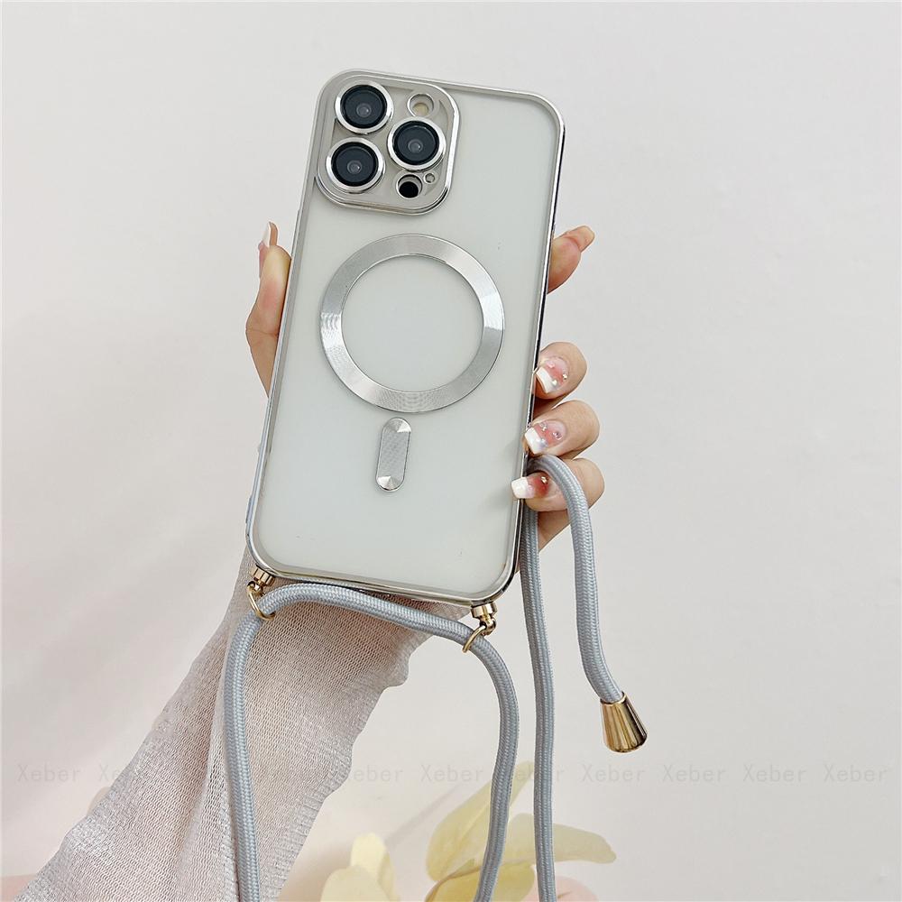 Crossbody Necklace Lanyard Magnet For Magsafe Wireless Charging Case For iPhone 17 16 15 13 12 11 14 Pro Max Plating Clear Cover