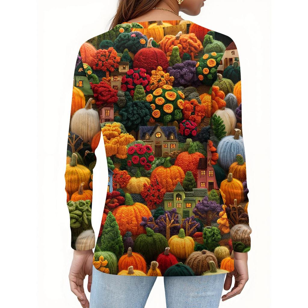 Women's Fashion Casual Halloween Printed Round Neck Long Sleeve Pullover Top