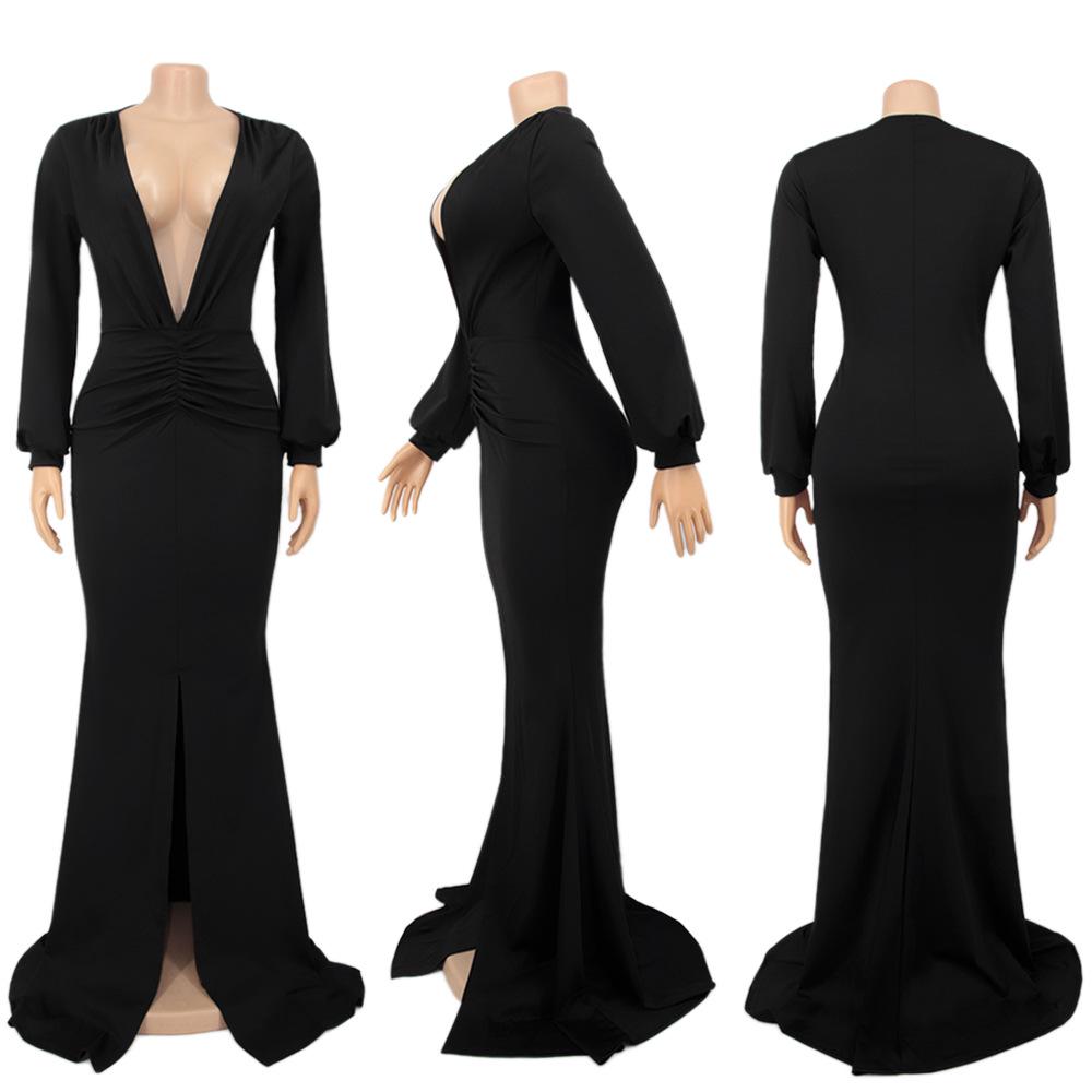 Solid Color V-Neck Slim Sexy Women's Evening Gown