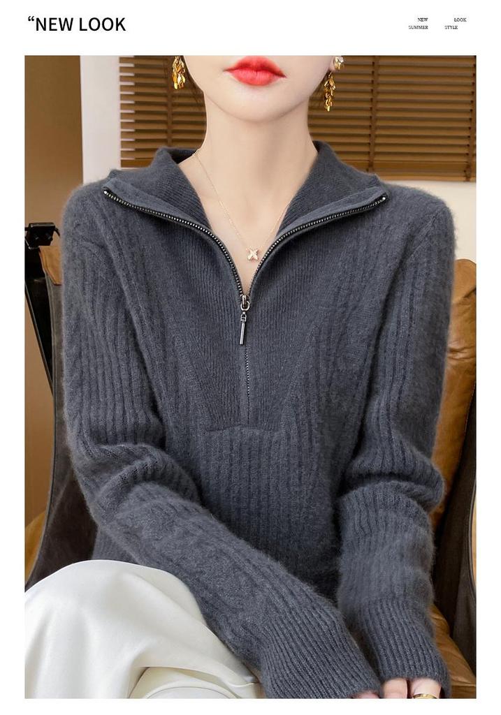Women's High-Neck 100% Wool Cable Knit Sweater - Thickened Long Sleeve Zipper Pullover for Autumn & Winter