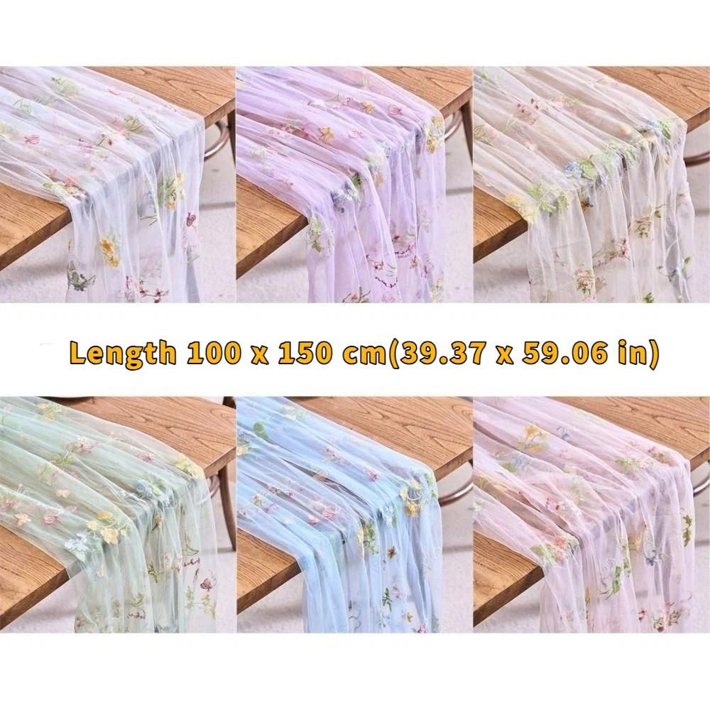 French Vintage Embroidered Floral Table Runner Romantic Fresh Color Wrinkled Table Runner Semi-Transparent Tulle Table Runner