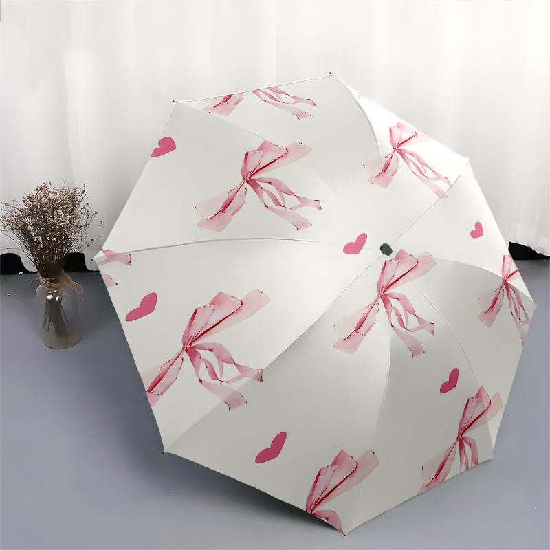 Ombrello pieghevole automatico con fiocchi rosa, design semplice a otto stecche, motivo a colori vivaci, telaio in ferro resistente, ideale per viaggi e attività all'aperto, spiaggia
