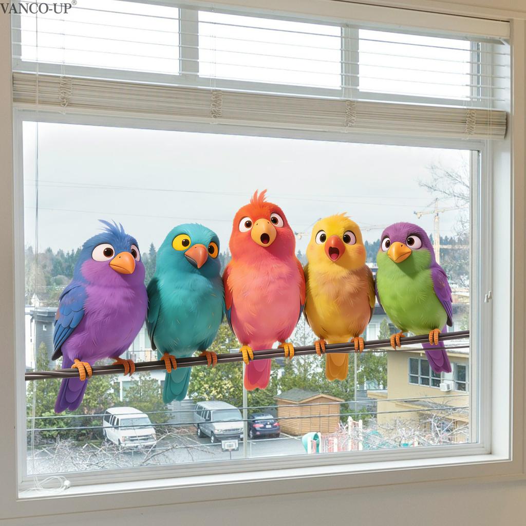 Static Cling Window Stickers Cartoon Birds on Branch Two Way Visible for Home Glass Cabinet Decor