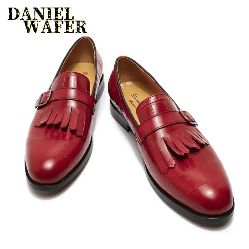 

Модные мужские лоферы класса люкс, повседневная мужская модельная обувь, ручная работа, принт под камень, ремешок с пряжкой, слипоны, черные, красные, из натуральной кожи 46 красный