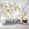 2D Elegant  Flower Tapestry Embossed Style White Floral with Golden Accents Wall Hanging