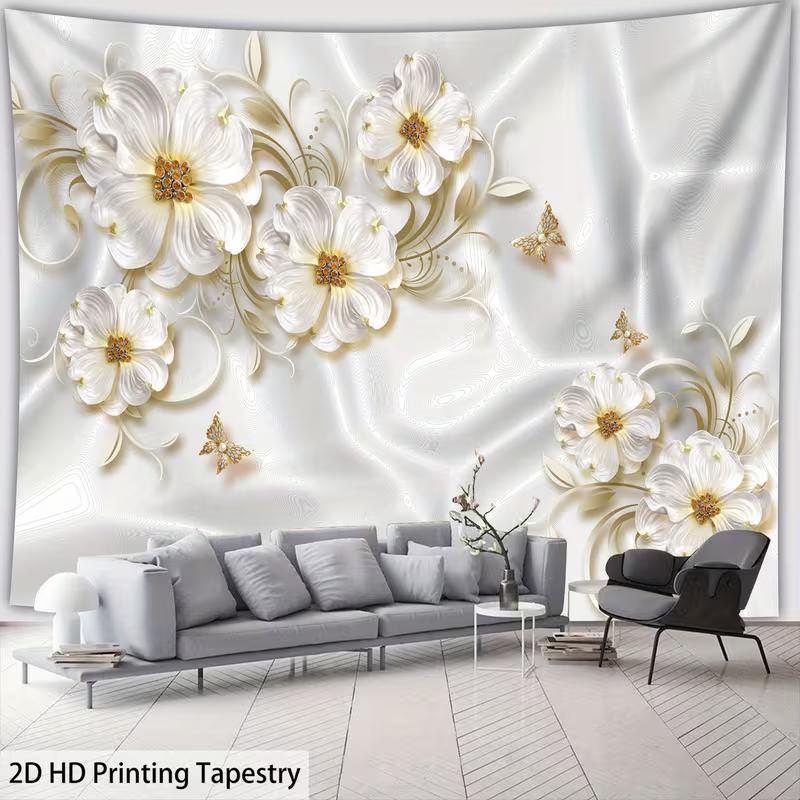 2D Elegant Flower Tapestry Embossed Style White Floral with Golden Accents Wall Hanging