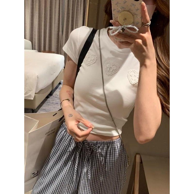 Lace Love Bow Short-sleeved Summer T-shirt Women's Slimming Short Top