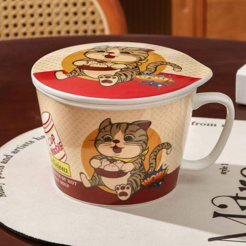 Ins Style Creative Instant Noodle Ceramic Cup Bowl with Cover Bento Box Student Lunch Box Instant Noodle Bowl Soup Bowl Set