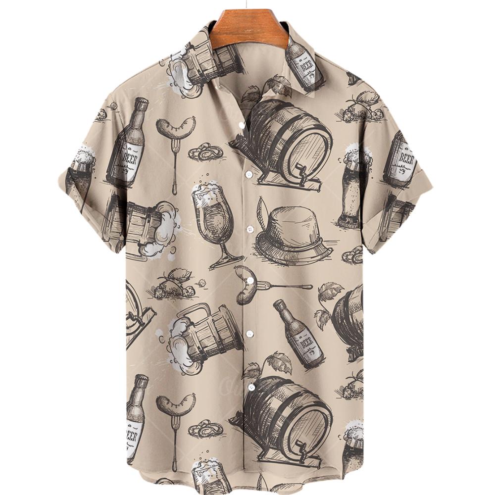 Hawaiian Beach Harajuku Shirts For Men 3D Print Beer Short Sleeve Tees Summer Vacation Style Single-Breasted Tops Lapel