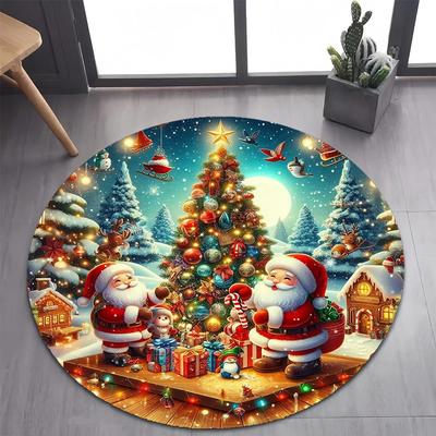 Christmas Night Round Carpet Mat Santa Reindeer Sleigh Pattern Rug Soft Home Decoration for Holiday Party Living Room Decor