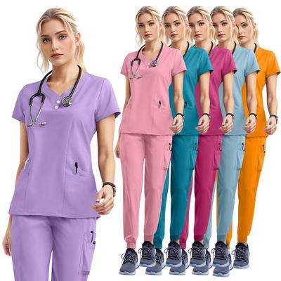 Women's Short Sleeve Stretch Scrub Suit and Surgical Isolation Gown for Medical and Dental Use