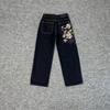 Mens Womens Straight Fit Denim Jeans With Floral Embroidery Retro Streetwear Casual Pants