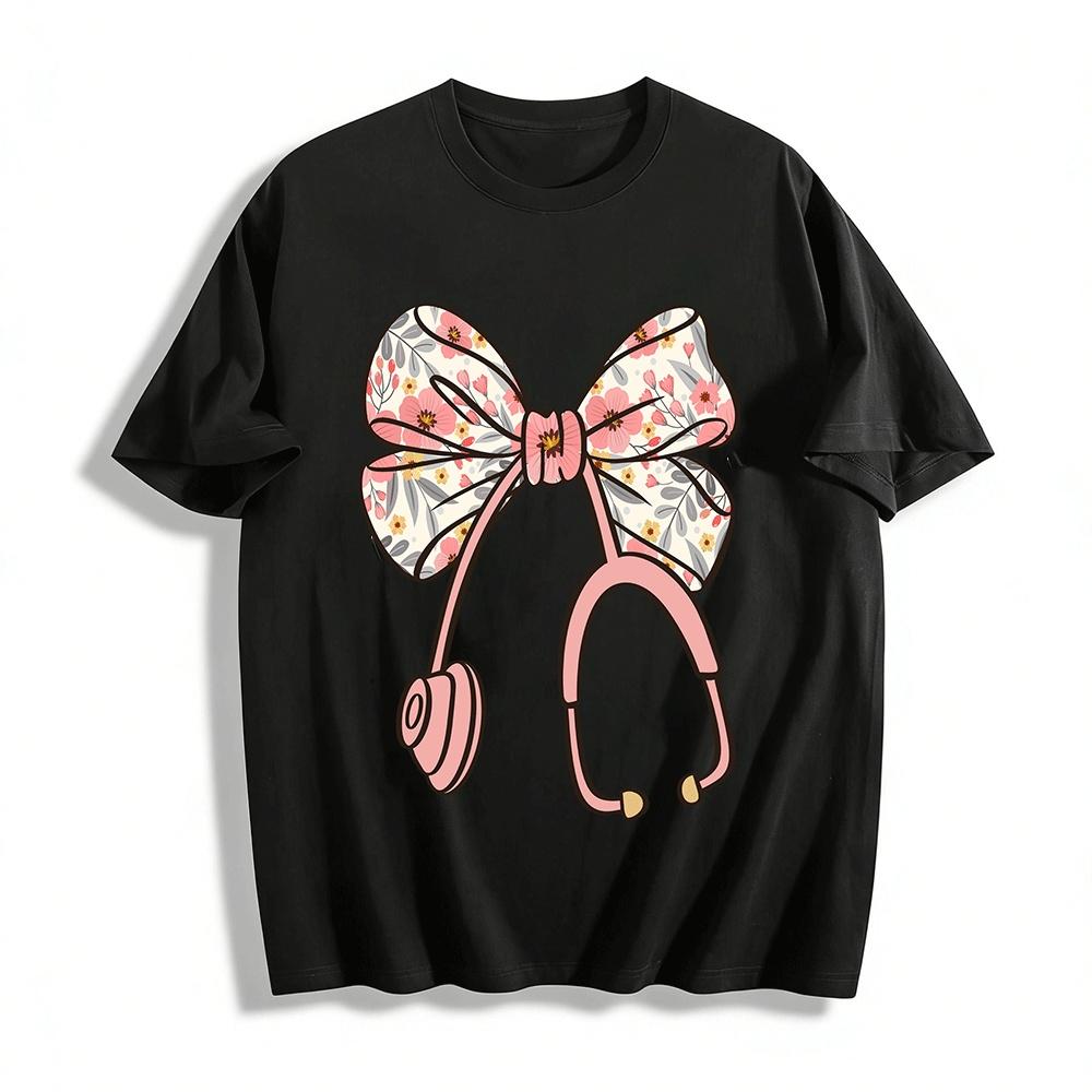 Floral Bow Stethoscope Print Nurse Doctor Casual Top Pure cotton T-shirt XXS