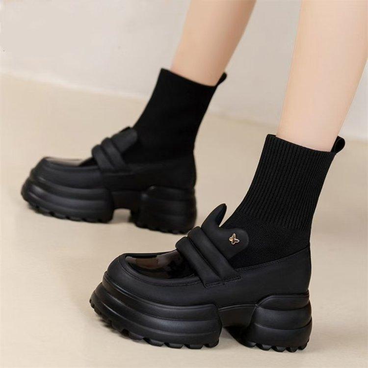 

5Cm retro thick-soled high-heeled knitted stretch socks boots versatile and comfortable muffin-bottom short boots women s autumn single boots 2024 40
