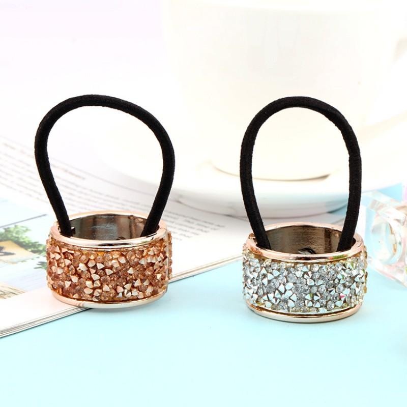 2PCS Retro Crystal Metal Alloy Opening Elastic Hair Rope Buckle Punk Style Women Ponytail Holder Round Hair Ring Girls Headdress