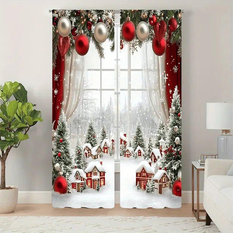 Christmas Snow Scene Forest Printed Curtains Pole Bag Home Decoration Room Curtain Set Of 2 Made Polyester Washable