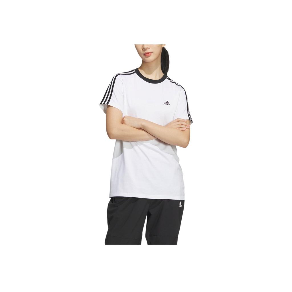 Adidas Essential 3-Stripes T-Shirt Casual Striped Print Color Block Round Neck Short Sleeve Raglan T-Shirt Women Tops White JI6978