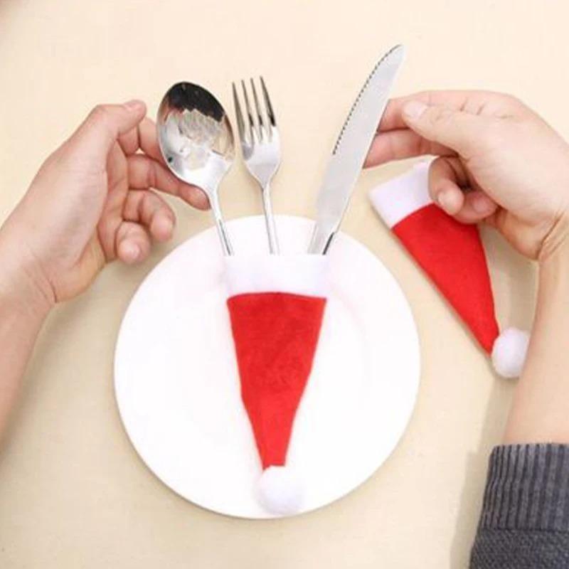 1/3/5/10/20/50/100PCS Christmas Decoration Tableware Holder Bag Christmas Hat Fork Knife Cutlery Bag Xmas Home Kitchen Decor Ornament Navidad New Year