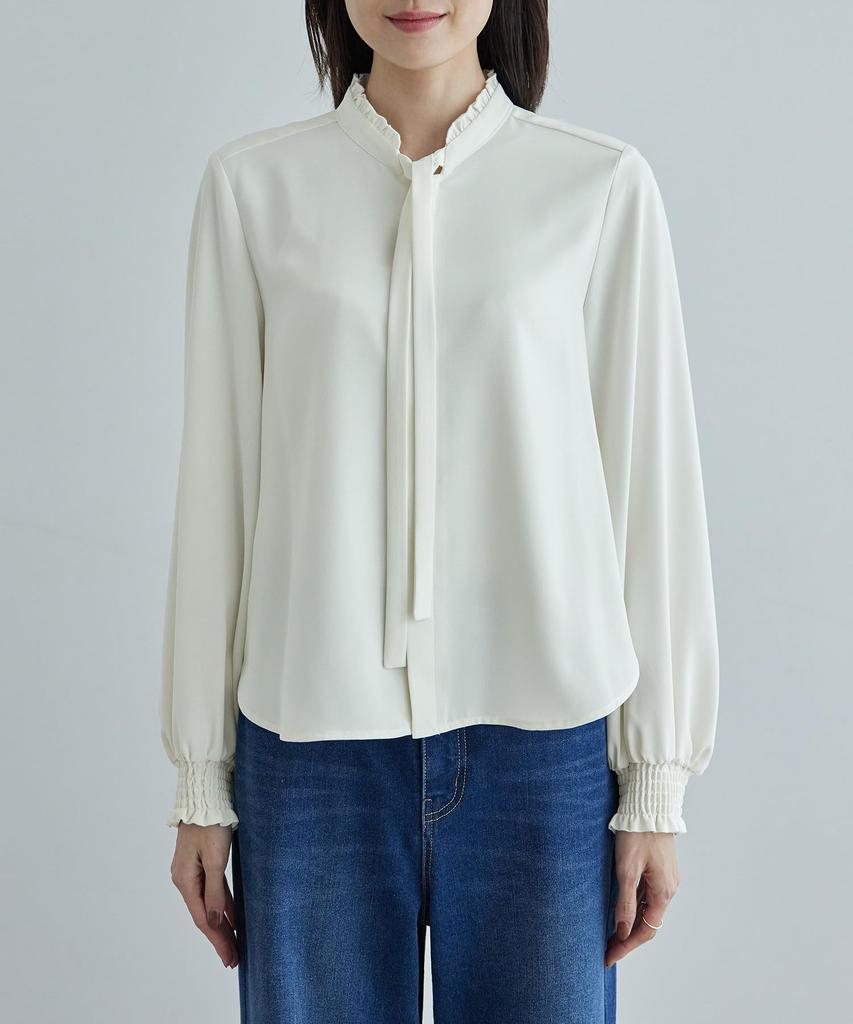 ROPE PICNIC Bowtie Frill Band Collar Women's Blouse, Off-White (15)