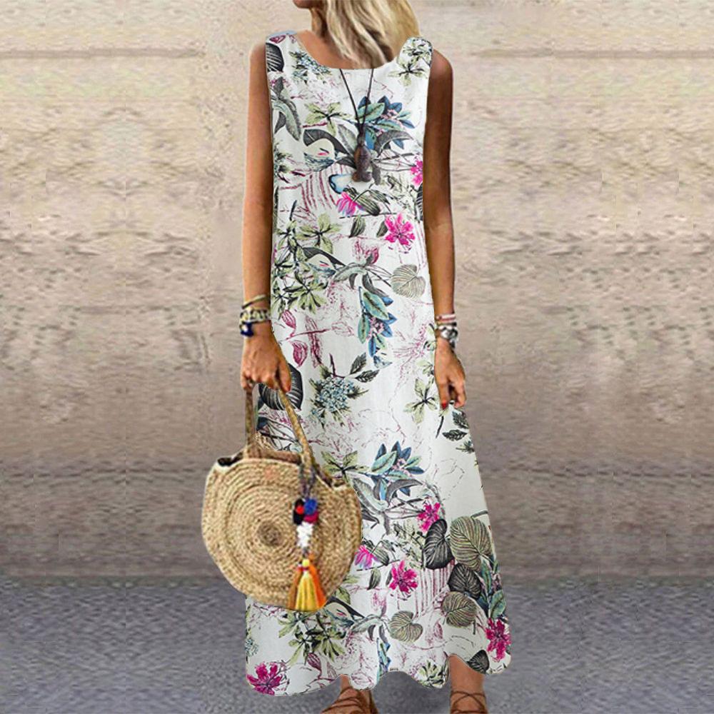 

Летнее пляжное хлопковое льняное ретро платье большого размера свободного покроя с цветочным принтом, длинное платье с круглым вырезом и без рукавов для женщин XL ярко-розовый