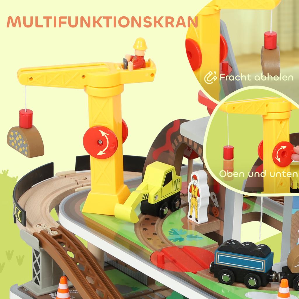 79-teiliges Holz-Zugset, Kindereisenbahnstrecke mit Bergwerk-Thema, inklusive Kran und Hubschrauber