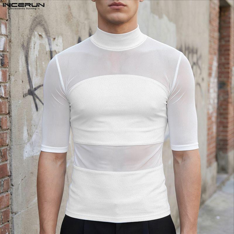 INCERUN Summer Men O Neck Short Sleeve Mesh See Through Patchwork T-shirts Tops