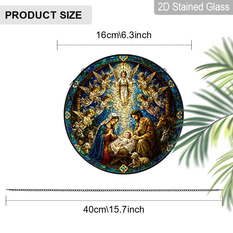 1pc 2D Flat Religious Stained Glass Suncatcher, 6.3/7.87 Inch Nativity Scene Glass Hanging Ornament, Religious Christmas Decor, Angel Stained Glass 6.3inch