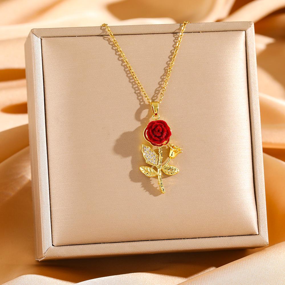 Titanium Steel Rose Flower Pendant Necklaces, Gold Plated Enamel Romantic Jewelry for Daily Wear & Gift