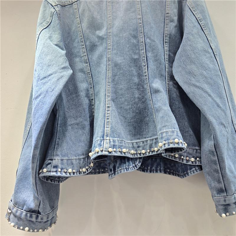 Rhinestone Ruffled V-Neck Denim Jacket - French Korean Style 2026 Spring Collection