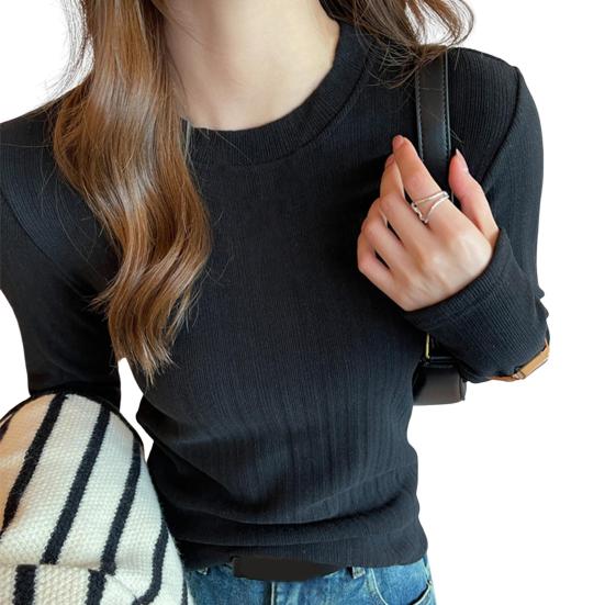Women Bottom Tops Round Neck Long Sleeve Slim Fit Pullover Tops Solid Color Design Ribbed Texture Tee Shirt