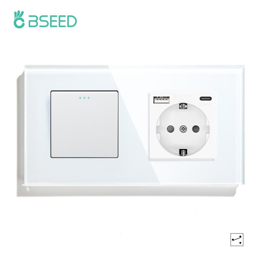 BSEED 1/2/3-fach Wandschalter 2-Wege Treppenlichtschalter Plus Typ-C USB-Steckdose EU-Standard Glaspanel