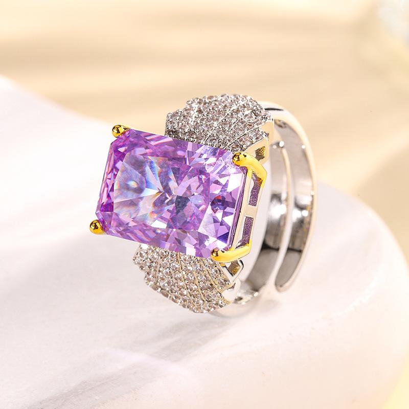 Jewelry Copper Bottom Gold-Plated High Carbon Diamond Ice Flower Copper Inlaid Light Luxury Square Diamond Ring Women 10 * 14