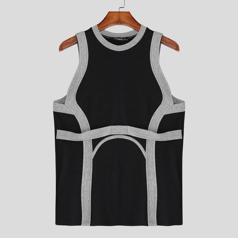 

INCERUN Men Casual Round Neck Sleeveless Stitching Thin Fitted Rib Tank Tops 3XL серый