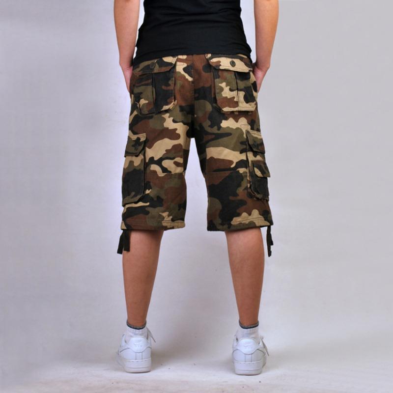 Men solid khaki multi pocket cargo knee shorts loose fit outdoor street casual walking bottoms