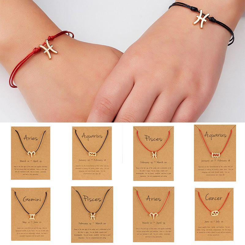 Elegant 12 Constellation Zodiac Sign Black Red Braided Rope Bracelet For Leo Virgo Jewelry