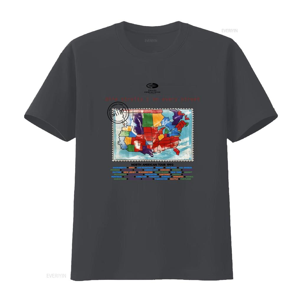 1992 Dire Straits on Every Street Tour North American Map Design T shirt vintage Washed Stretched Casual streetwear Stylish