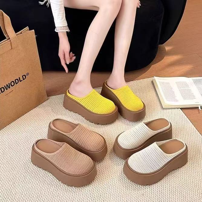 Thick-soled bag head half slippers women's outer wear 2025 summer new muffin soft bottom heightened hollow breathable slippers