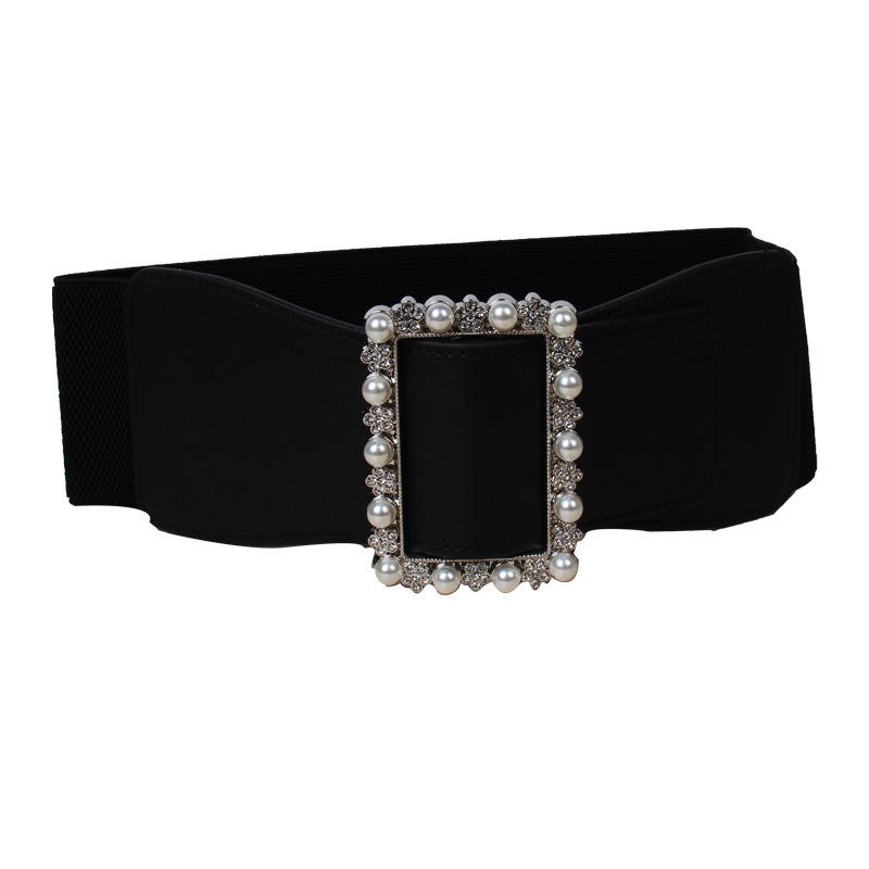 

Женский эластичный пояс-резинка, Широкий пояс, Женское украшение, Черный, Белая бриллиантовая пуговица, Красный пояс чёрный
