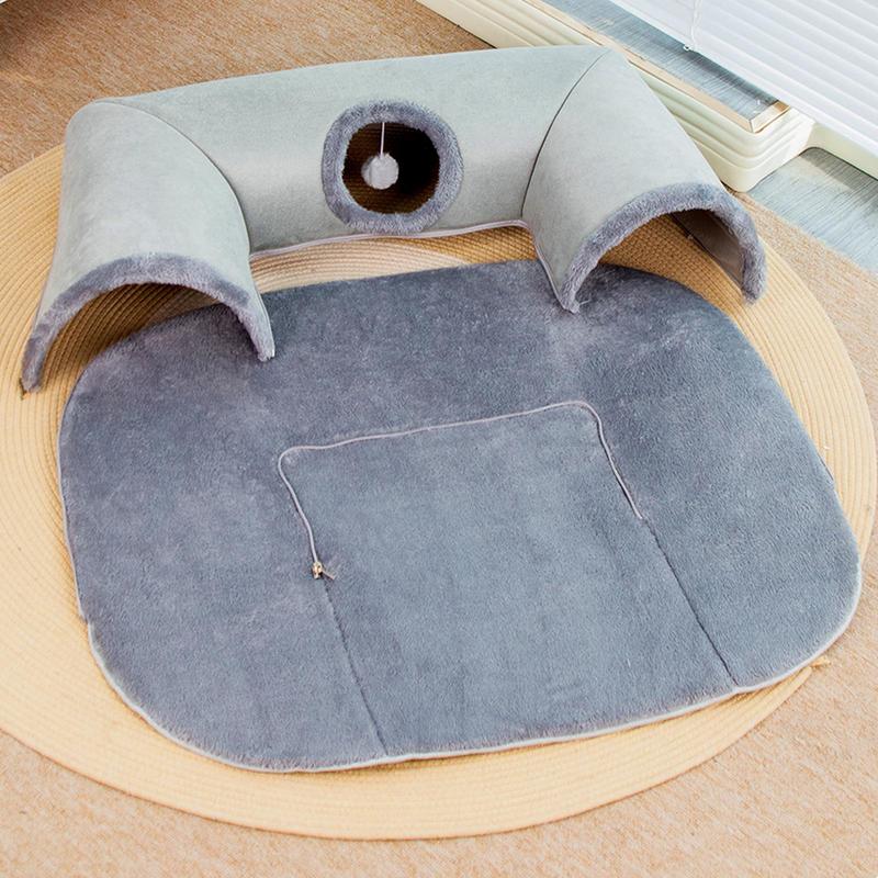 U Shape Cat Tunnel Bed For Indoor Kitten Cave Play Pet Supplies Seasonal Cat Couch with Hanging Plush Ball Toy