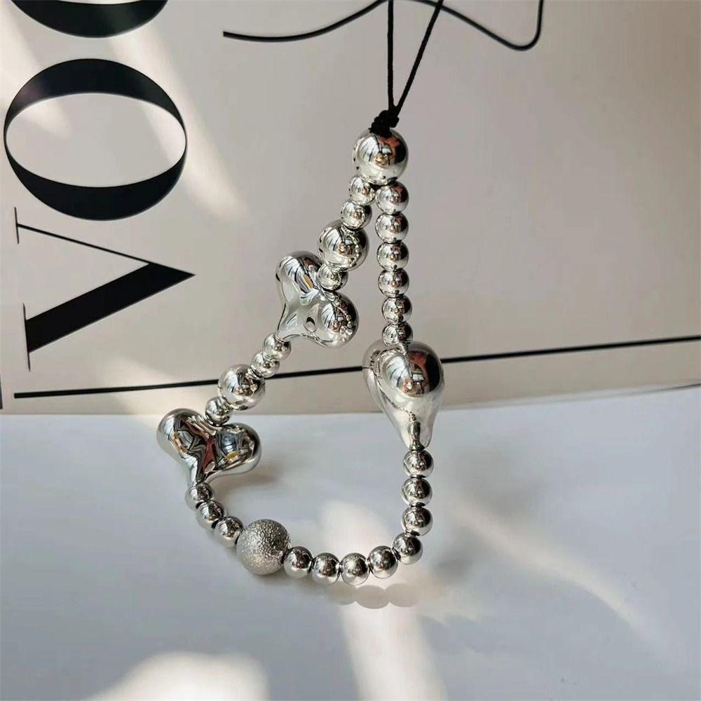 Silver Color Heart Phone Charms Phone Beaded Rope Silver Heart Phone Lanyard Cell Phone Straps