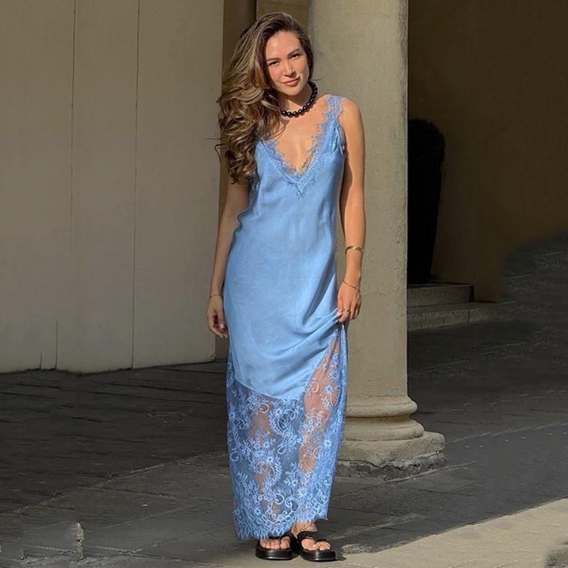 Elegante Spitze Lange Kleider Damen Satin V-Ausschnitt Spitze Patchwork Ärmellos Langes Kleid Locker Damen Abendkleider